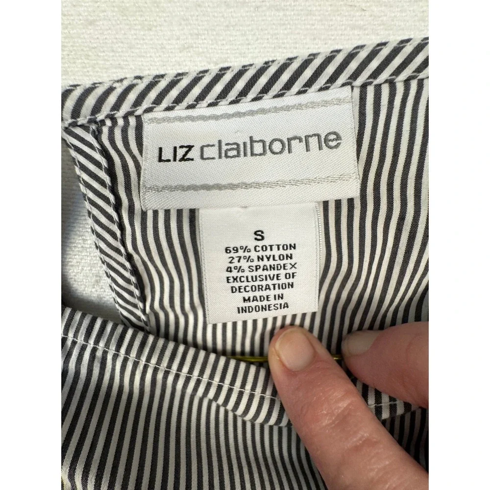 Liz Claiborne Blouse Womens S Navy White Stripe Floral Embroidered Puff Sleeve - Picture 2 of 6